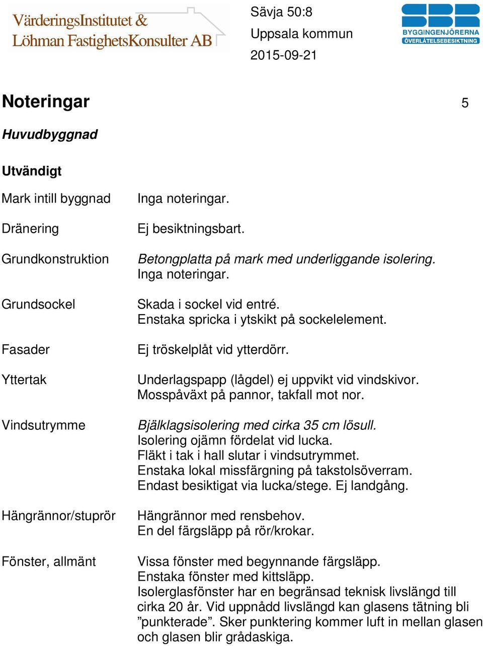 Mosspåväxt på pannor, takfall mot nor. Bjälklagsisolering med cirka 35 cm lösull. Isolering ojämn fördelat vid lucka. Fläkt i tak i hall slutar i vindsutrymmet.