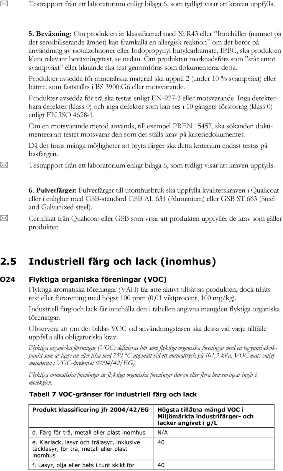Iodopropynyl butylcarbamate, IPBC, ska produkten klara relevant beväxningstest, se nedan. Om produkten marknadsförs som står emot svampväxt eller liknande ska test genomföras som dokumenterar detta.
