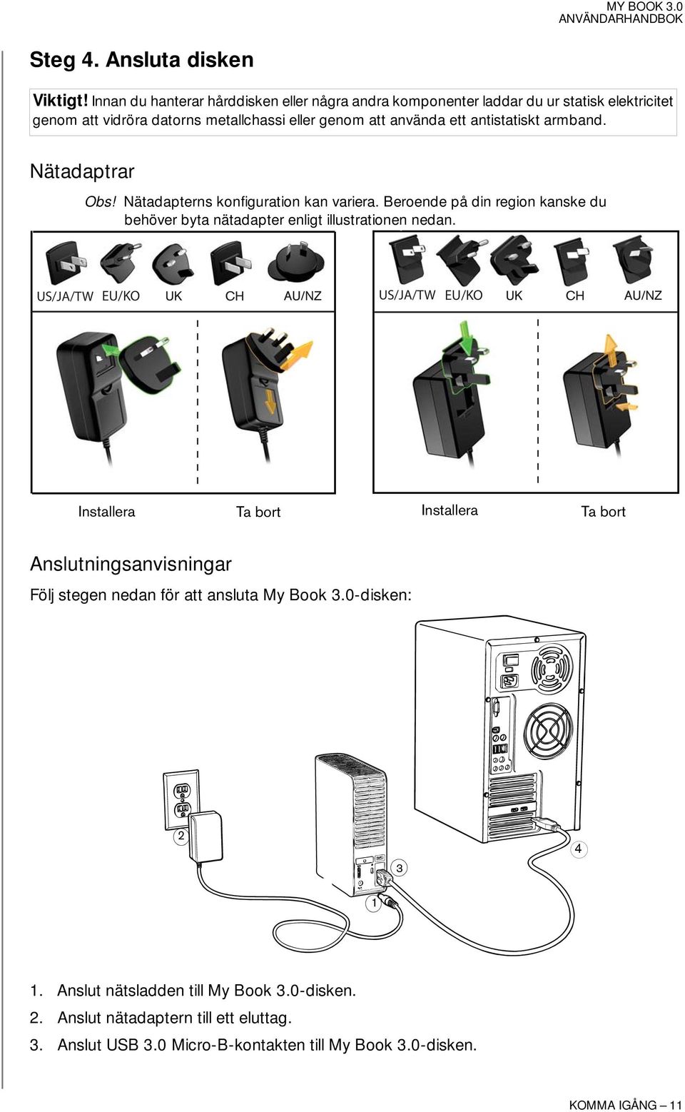 antistatiskt armband. Nätadaptrar Obs! Nätadapterns konfiguration kan variera. Beroende på din region kanske du behöver byta nätadapter enligt illustrationen nedan.