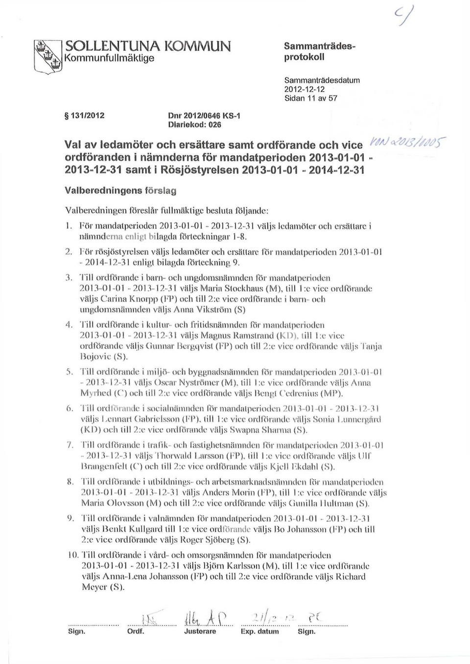 För mandatperioden 2013-01-01-2013-12-31 väljs ledamöter och ersättare i nämnderna enligl bilagda förteckningar 1-8. 2. För rösjöstyrelsen väljs ledamöter och ersättare för mandatperioden 2013-01 -01 2014-12-31 enligt bilagda förteckning 9.
