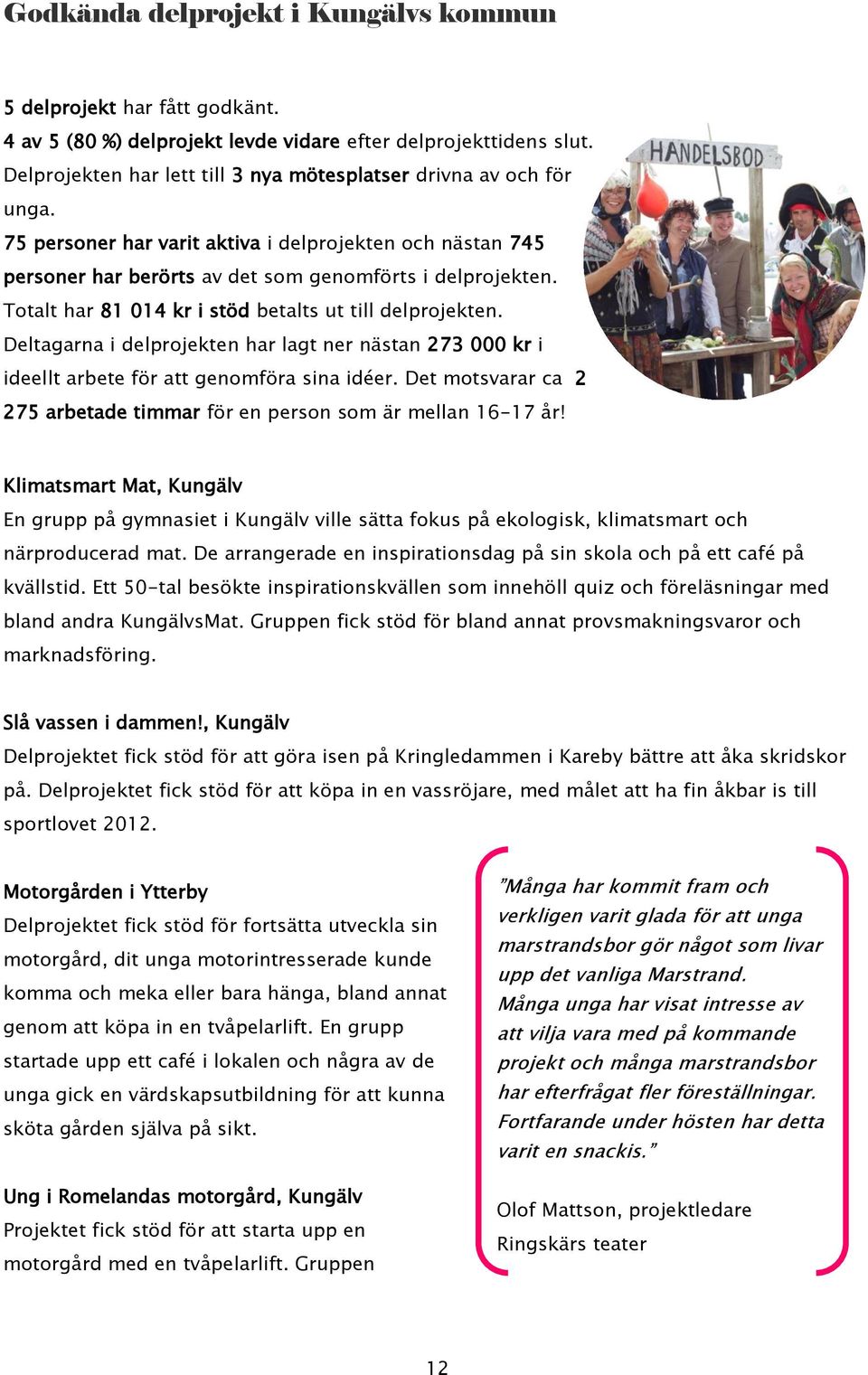 Totalt har 81 014 kr i stöd betalts ut till delprojekten. Deltagarna i delprojekten har lagt ner nästan 273 000 kr i ideellt arbete för att genomföra sina idéer.