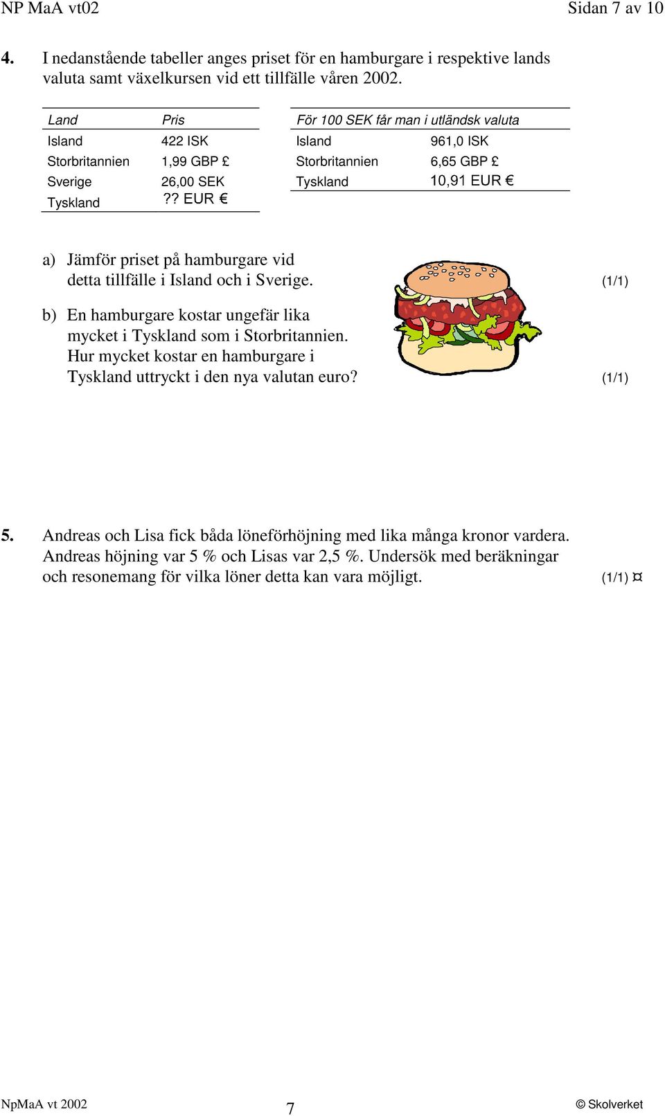 hamburgare vid detta tillfälle i Island och i Sverige. (1/1) b) En hamburgare kostar ungefär lika mycket i Tyskland som i Storbritannien.