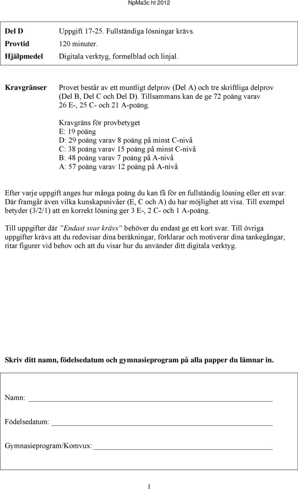 Kravgräns för provbetyget E: 19 poäng D: 9 poäng varav 8 poäng på minst C-nivå C: 38 poäng varav 15 poäng på minst C-nivå B: 48 poäng varav 7 poäng på A-nivå A: 57 poäng varav 1 poäng på A-nivå Efter