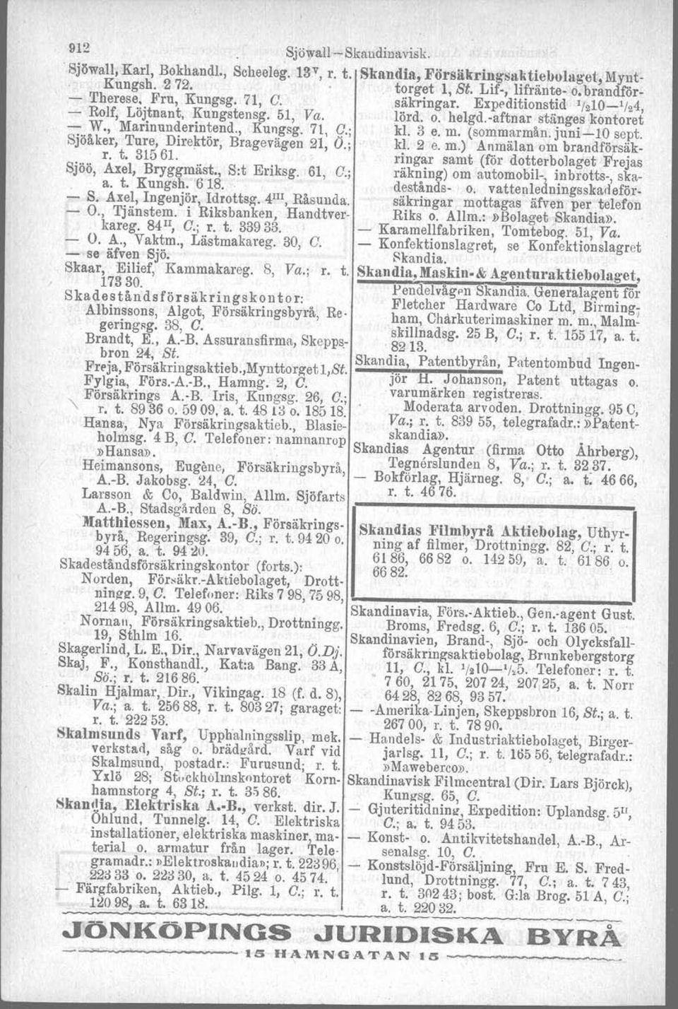 juni-lo sept. Sjöåker, Ture, Direktör, Bragevägen 21, O.; kl. 2 e. m.) Anmälan om brandförsäkr. t. 31561. ringar samt (för dotterbolaget Prejas Sjöö, Axel, Bryggmäst., S:t Eriksg. 61, C.