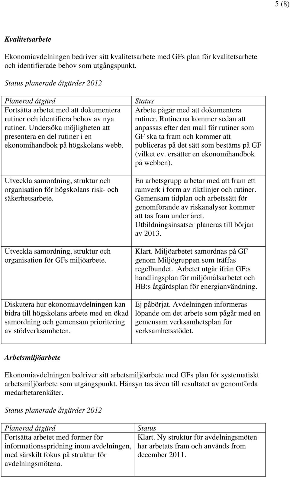 Undersöka möjligheten att presentera en del rutiner i en ekonomihandbok på högskolans webb. Utveckla samordning, struktur och organisation för högskolans risk- och säkerhetsarbete.