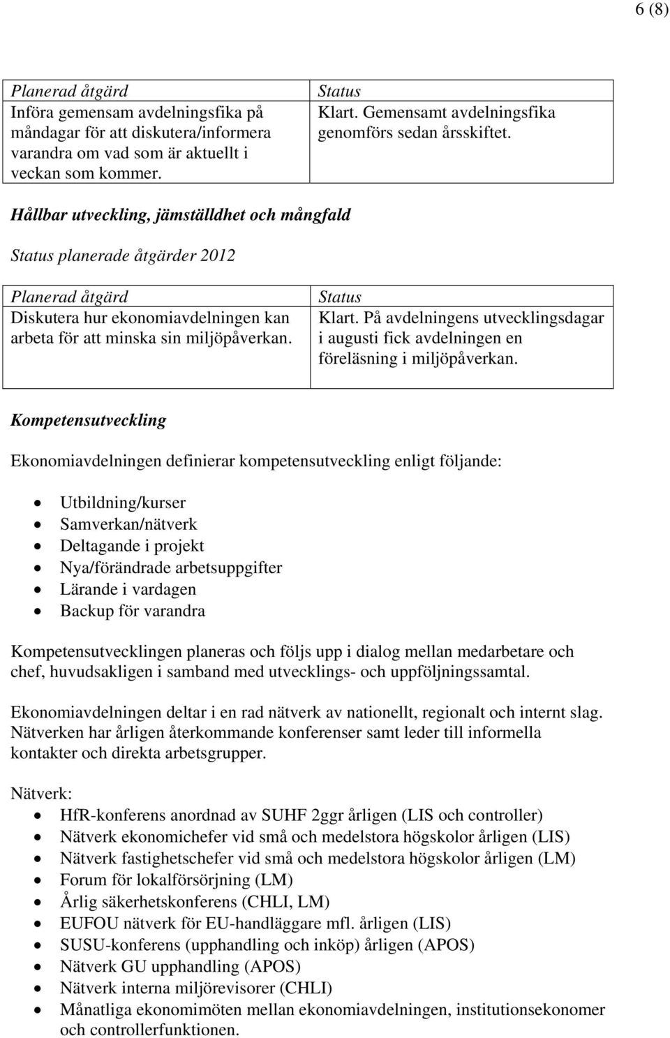 Hållbar utveckling, jämställdhet och mångfald planerade åtgärder 2012 Planerad åtgärd Diskutera hur ekonomiavdelningen kan arbeta för att minska sin miljöpåverkan. Klart.