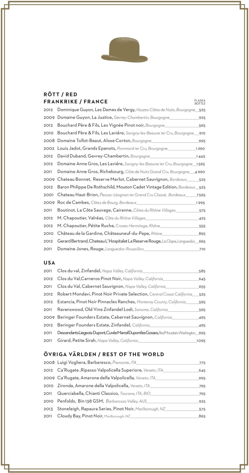 2002 Louis Jadot, Grands Epenots, Pommard 1er Cru, Bourgogne 1 290 2012 David Duband, Gevrey-Chambertin, Bourgogne 1 445 2012 Domaine Anne Gros, Les Laviére, Savigny-les-Beaune 1er Cru, Bourgogne 1