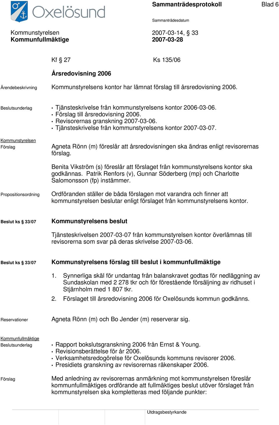 Tjänsteskrivelse från kommunstyrelsens kontor 2007-03-07. Förslag Agneta Rönn (m) föreslår att årsredovisningen ska ändras enligt revisorernas förslag.