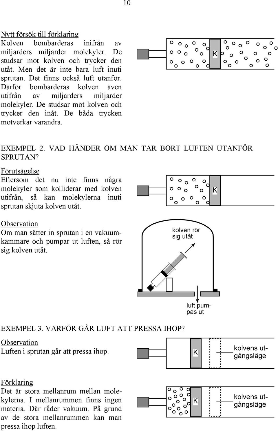 VAD HÄNDER OM MAN TAR BORT LUFTEN UTANFÖR SPRUTAN? Förutsägelse Eftersom det nu inte finns några molekyler som kolliderar med kolven utifrån, så kan molekylerna inuti sprutan skjuta kolven utåt.