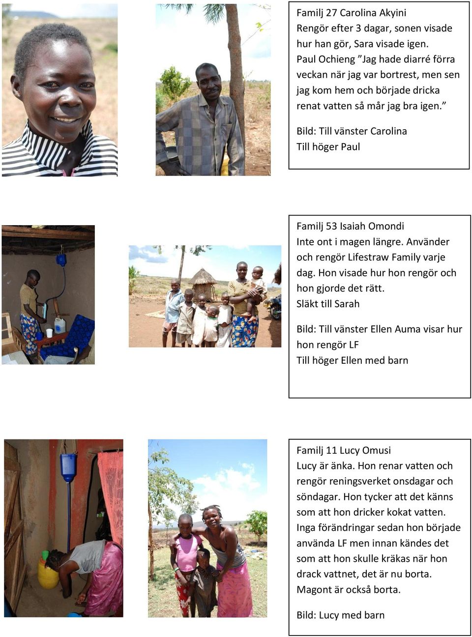 Bild: Till vänster Carolina Till höger Paul Familj 53 Isaiah Omondi Inte ont i magen längre. Använder och rengör Lifestraw Family varje dag. Hon visade hur hon rengör och hon gjorde det rätt.
