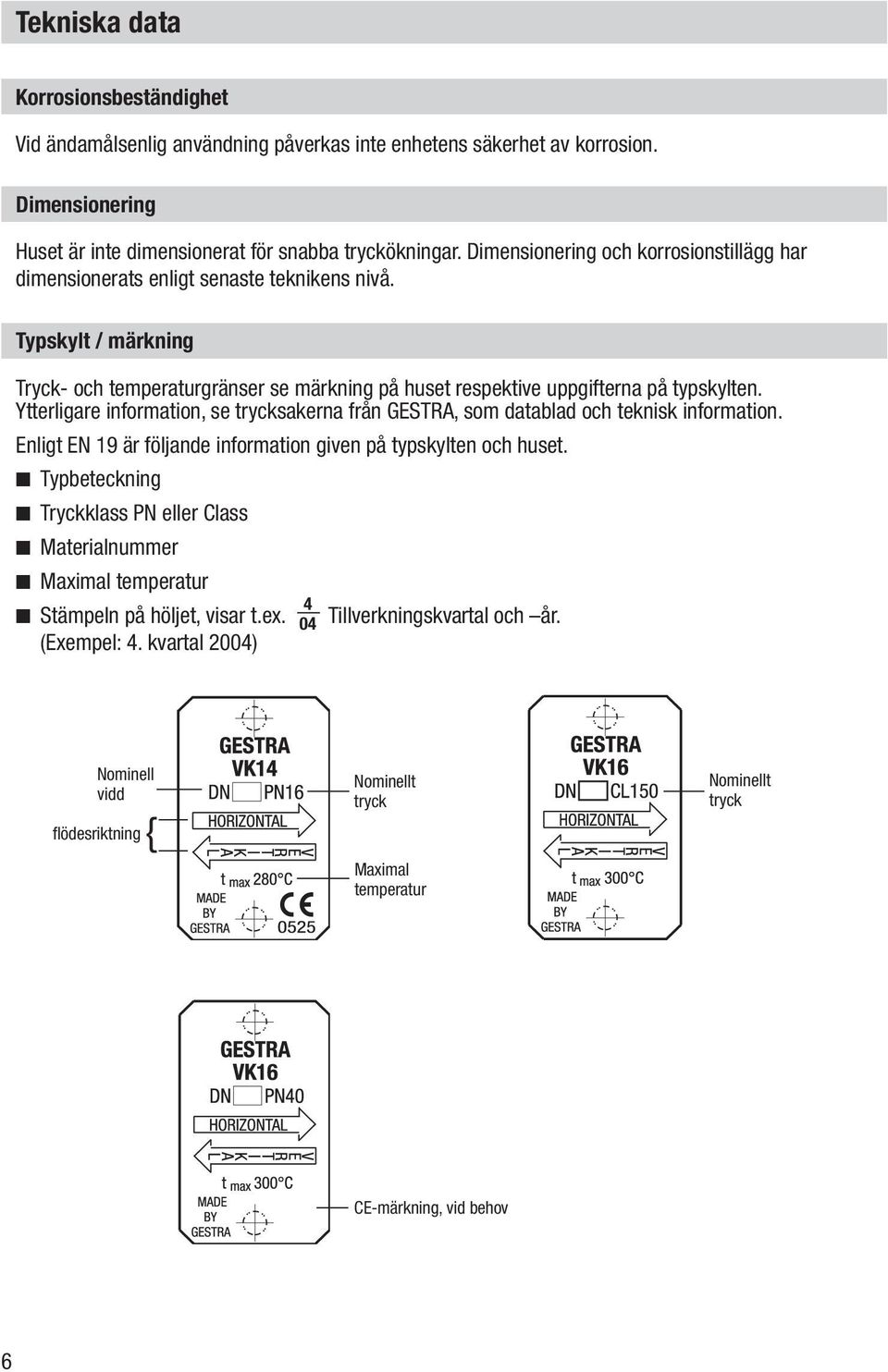 Ytterligare information, se trycksakerna från GESTRA, som datablad och teknisk information. Enligt EN 19 är följande information given på typskylten och huset.