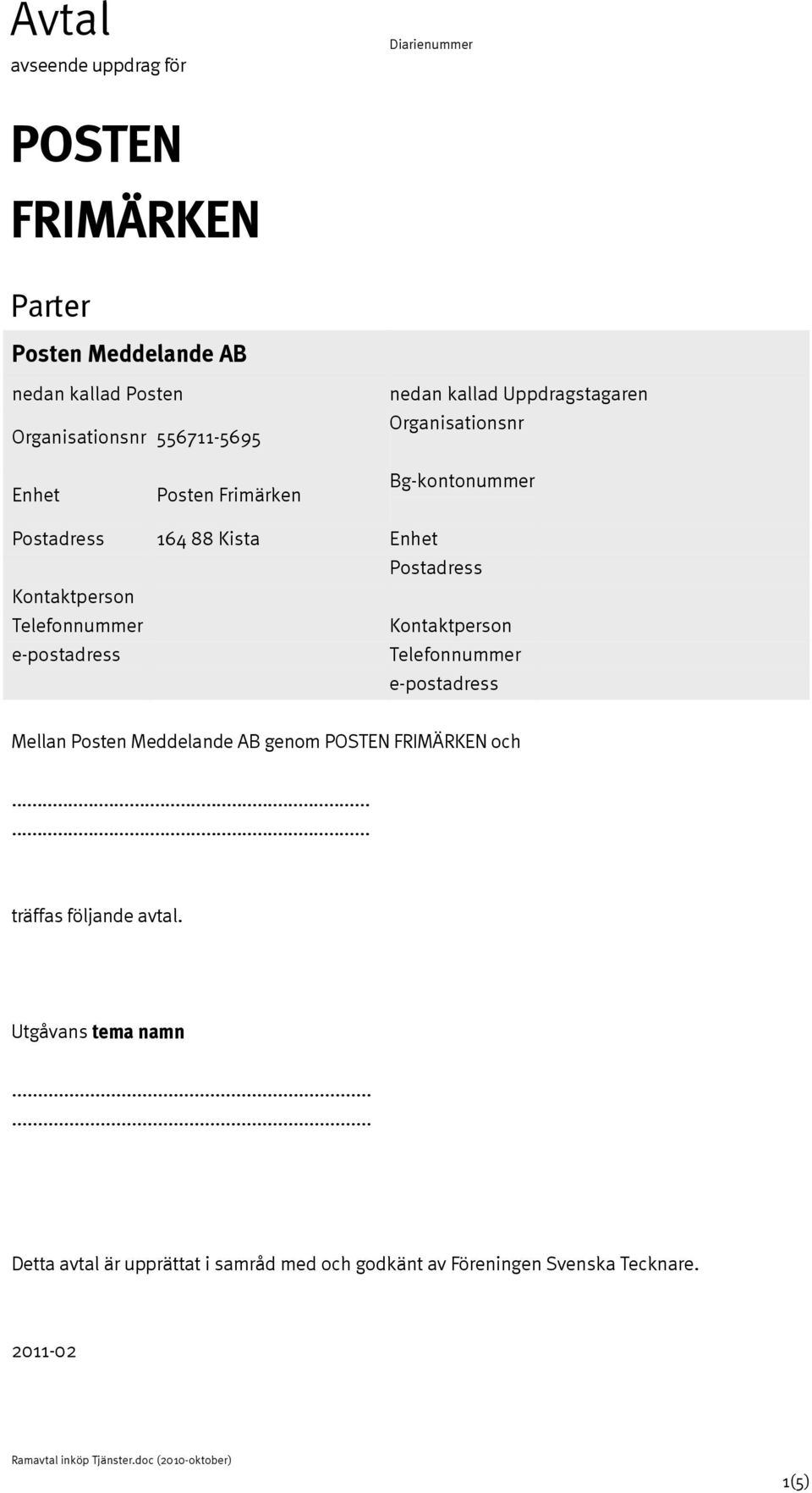 Kontaktperson Telefonnummer Kontaktperson e-postadress Telefonnummer e-postadress Mellan Posten Meddelande AB genom POSTEN FRIMÄRKEN