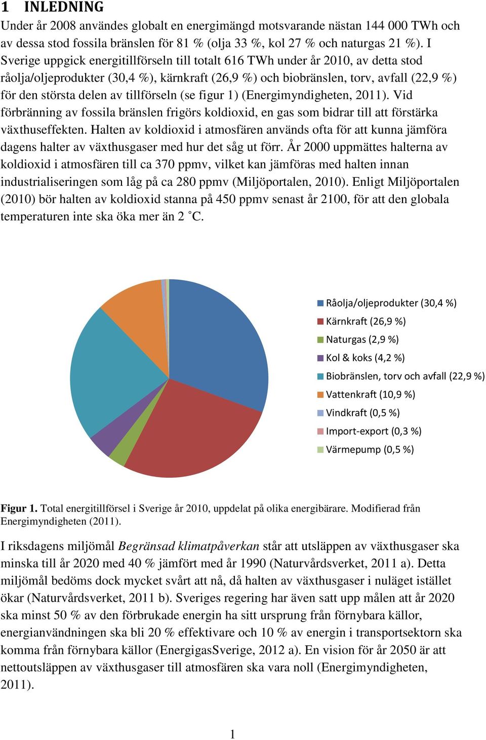 tillförseln (se figur 1) (Energimyndigheten, 2011). Vid förbränning av fossila bränslen frigörs koldioxid, en gas som bidrar till att förstärka växthuseffekten.