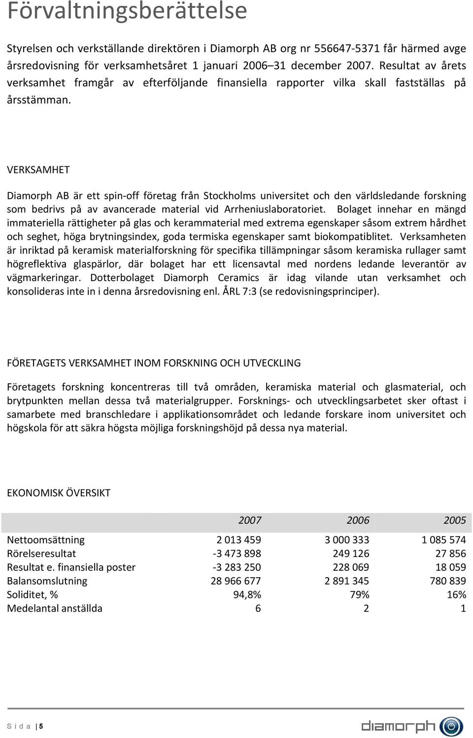 VERKSAMHET Diamorph AB är ett spin off företag från Stockholms universitet och den världsledande forskning som bedrivs på av avancerade material vid Arrheniuslaboratoriet.