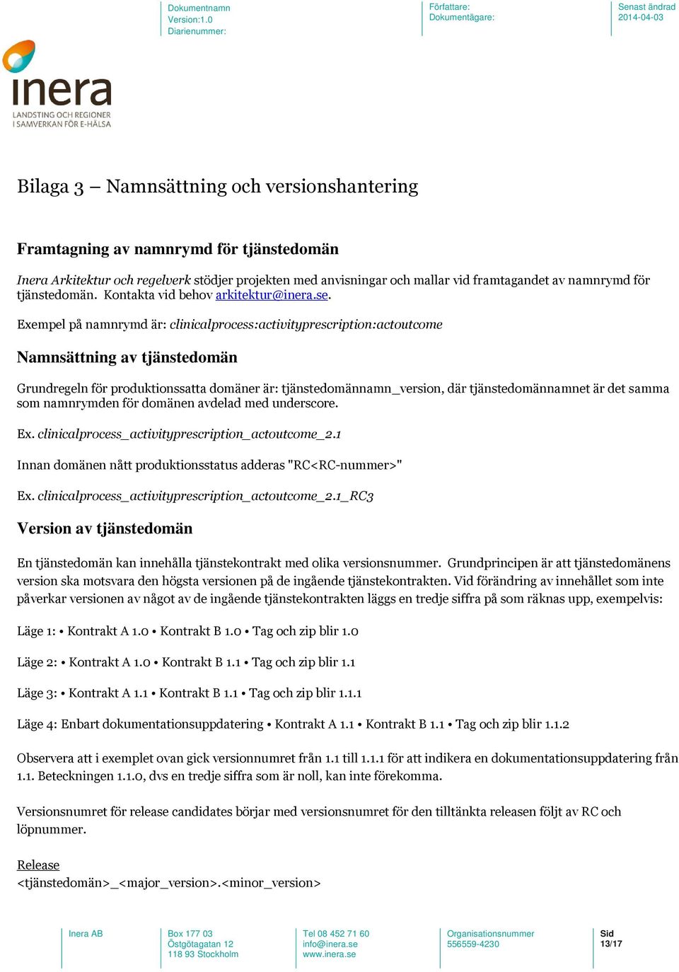 Exempel på namnrymd är: clinicalprocess:activityprescription:actoutcome Namnsättning av tjänstedomän Grundregeln för produktionssatta domäner är: tjänstedomännamn_version, där tjänstedomännamnet är