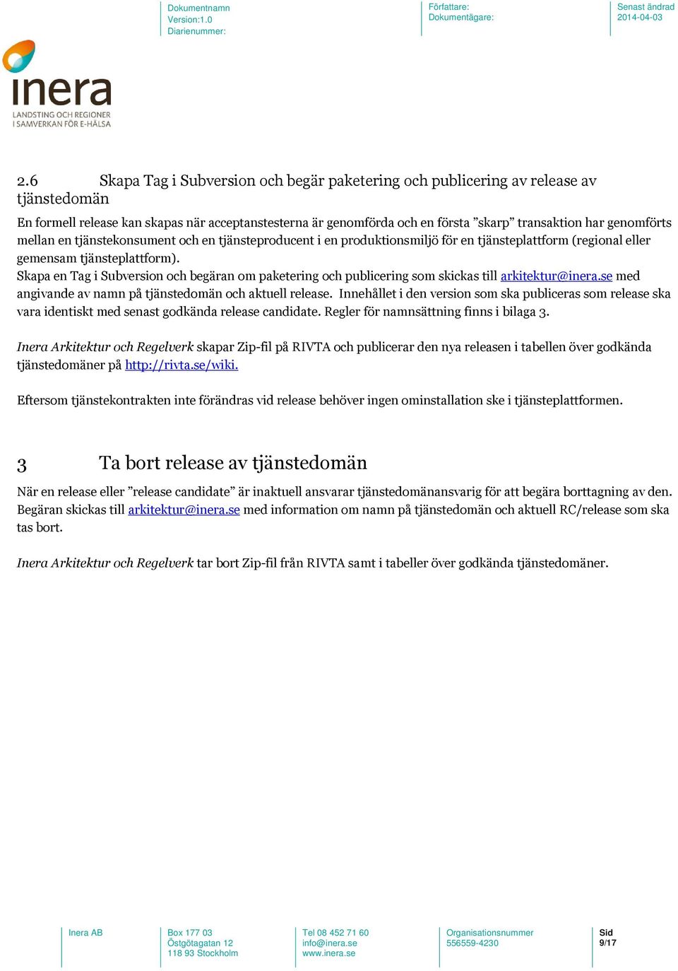 Skapa en Tag i Subversion och begäran om paketering och publicering som skickas till arkitektur@inera.se med angivande av namn på tjänstedomän och aktuell release.