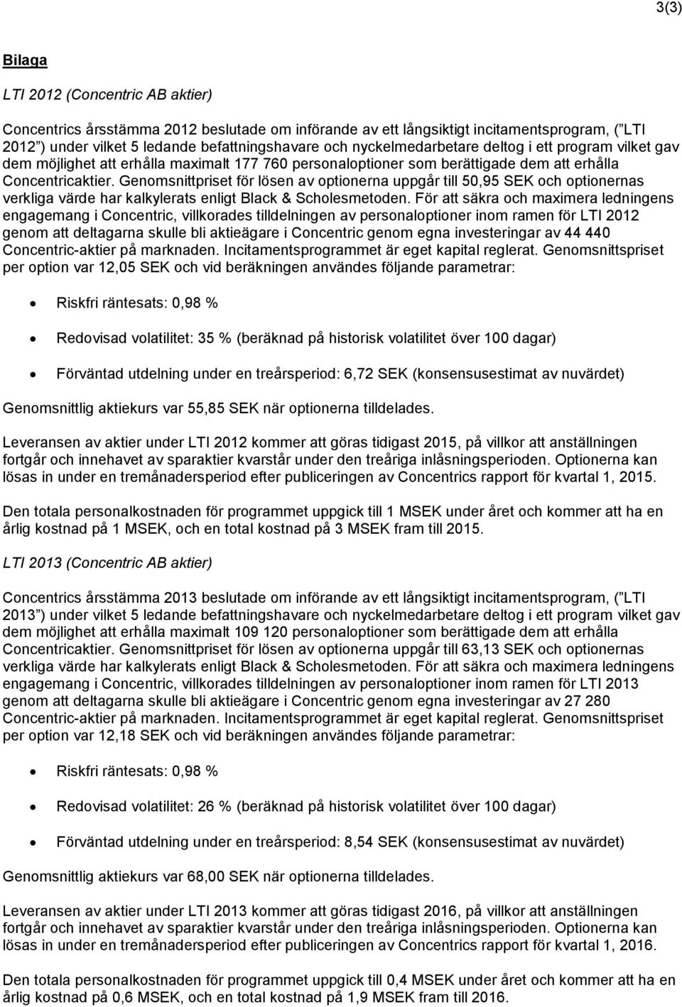 Genomsnittpriset för lösen av optionerna uppgår till 50,95 SEK och optionernas verkliga värde har kalkylerats enligt Black & Scholesmetoden.