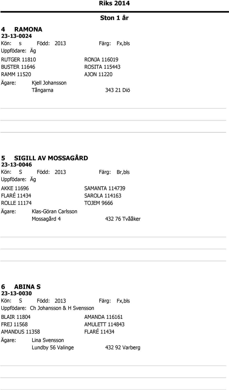 114163 ROLLE 11174 TOJEM 9666 Klas-Göran Carlsson Mossagård 4 Br,bls 6 ABINA S 23-13-0030 Kön: S Född: 2013 Uppfödare: Ch Johansson &