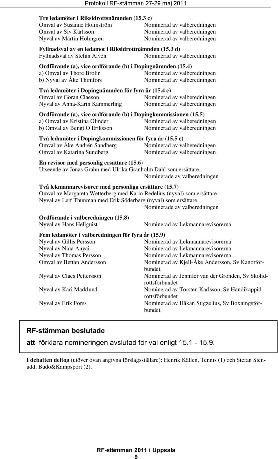 Riksidrottnämnden (15.3 d) Fyllnadsval av Stefan Alvén Nominerad av valberedningen Ordförande (a), vice ordförande (b) i Dopingnämnden (15.