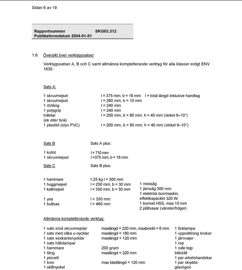 mm l = 200 mm, b = 80 mm, h = 40 mm (vinkel 9 10 ) l = 200 mm, b = 80 mm, h = 40 mm (vinkel 9 10 ) Sats B 1 kofot 1 skruvmejsel Sats C Sats A plus: l = 710 mm l =375 mm, b = 16 mm Sats B plus: 1