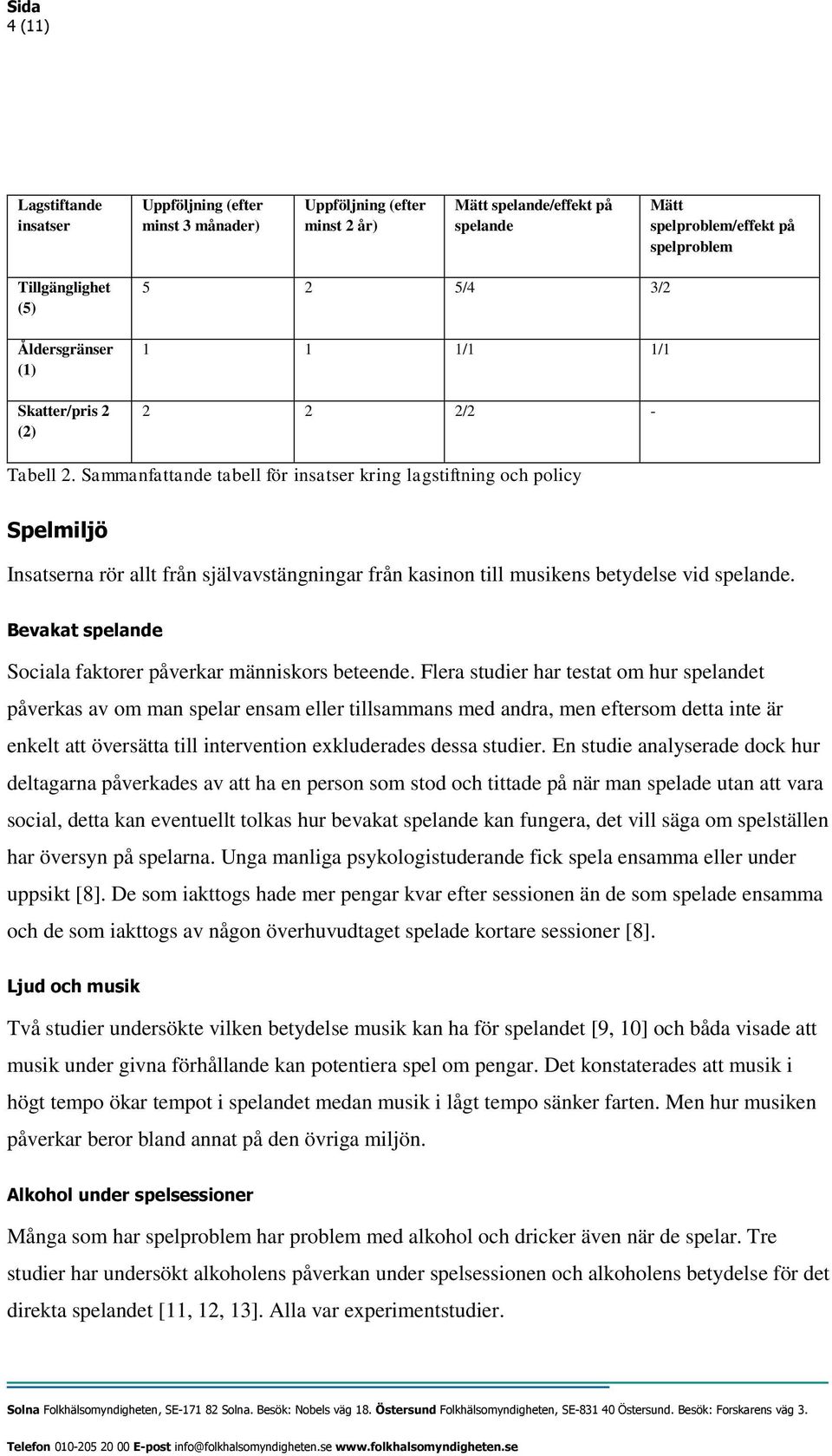 Sammanfattande tabell för insatser kring lagstiftning och policy Spelmiljö Insatserna rör allt från självavstängningar från kasinon till musikens betydelse vid spelande.