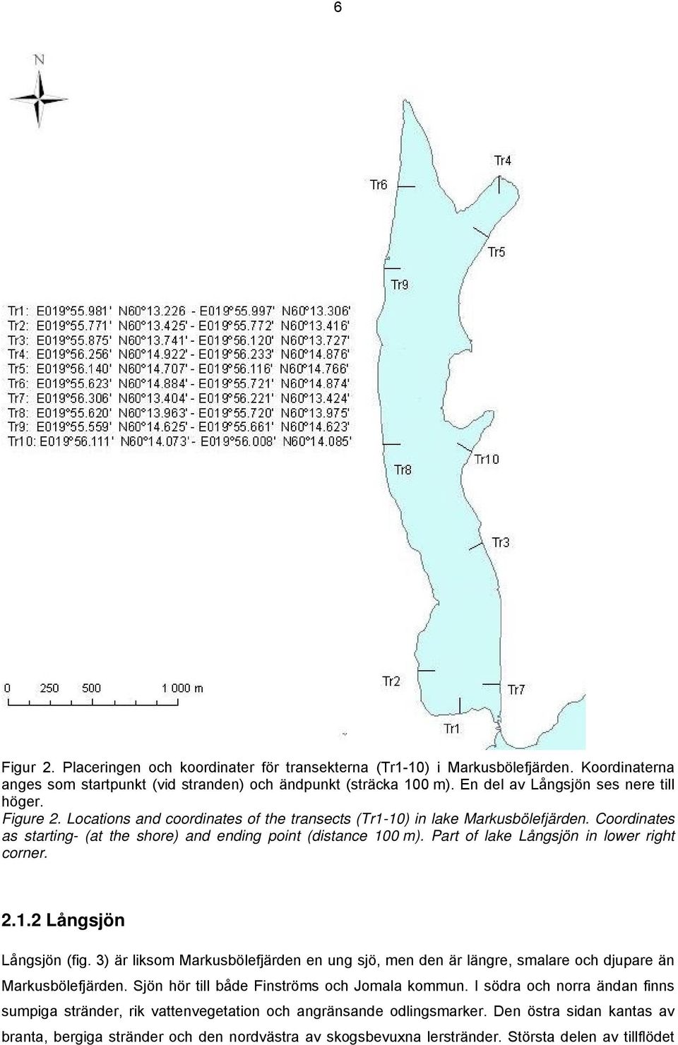 Coordinates as starting- (at the shore) and ending point (distance 100 m). Part of lake Långsjön in lower right corner. 2.1.2 Långsjön Långsjön (fig.