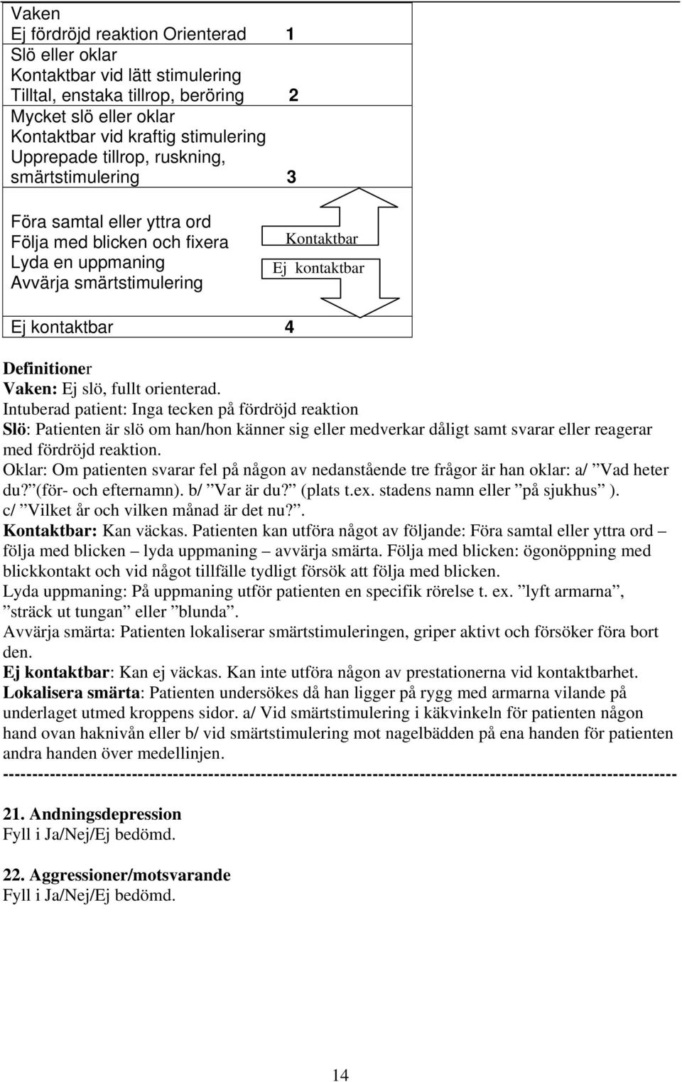 Ej slö, fullt orienterad. Intuberad patient: Inga tecken på fördröjd reaktion Slö: Patienten är slö om han/hon känner sig eller medverkar dåligt samt svarar eller reagerar med fördröjd reaktion.