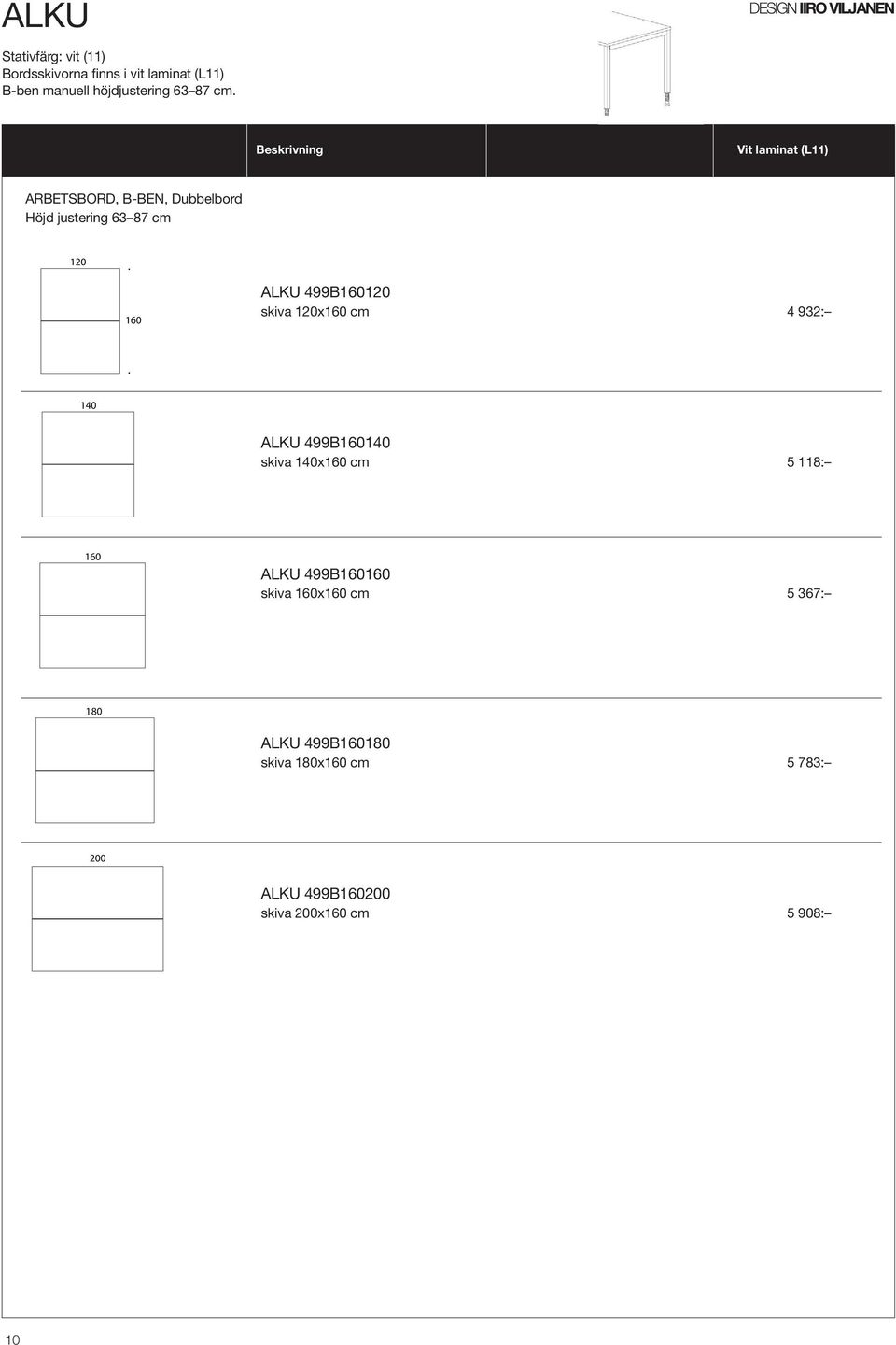 Beskrivning Vit laminat (L11) ARBETSBORD, B-BEN, Dubbelbord Höjd justering 63 87 cm 120 160 ALKU 499B160120
