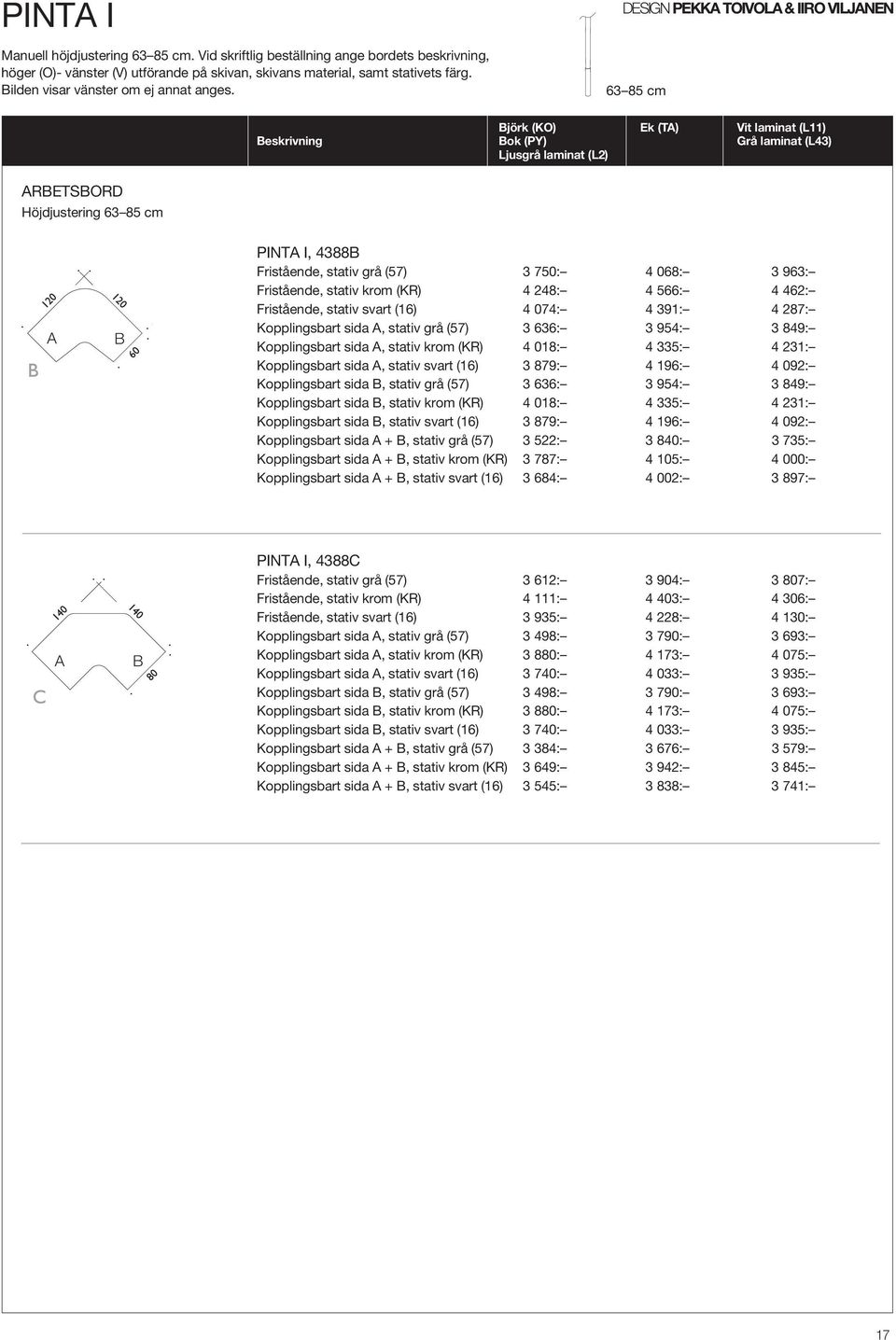 DESIGN PEKKA TOIVOLA & IIRO VILJANEN 63 85 cm Björk (KO) Ek (TA) Vit laminat (L11) Beskrivning Bok (PY) Grå laminat (L43) Ljusgrå laminat (L2) ARBETSBORD Höjdjustering 63 85 cm A B PINTA I, 4388B