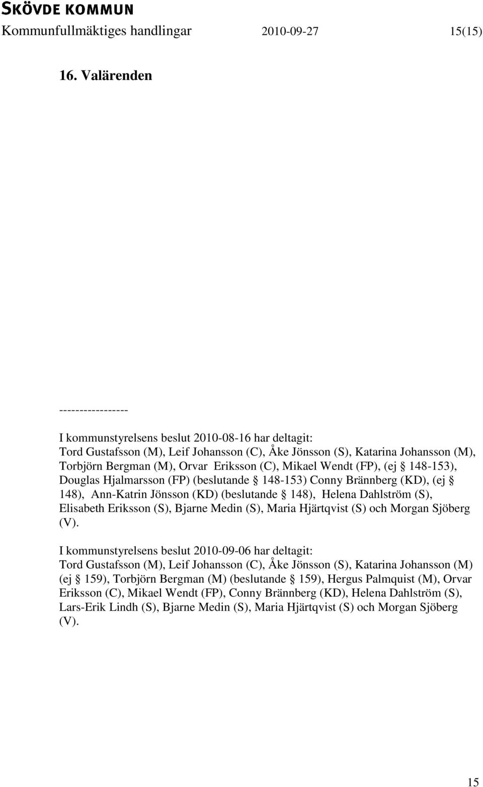 (C), Mikael Wendt (FP), (ej 148-153), Douglas Hjalmarsson (FP) (beslutande 148-153) Conny Brännberg (KD), (ej 148), Ann-Katrin Jönsson (KD) (beslutande 148), Helena Dahlström (S), Elisabeth Eriksson