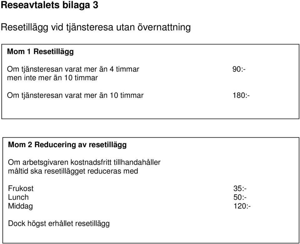 10 timmar 180:- Mom 2 Reducering av resetillägg Om arbetsgivaren kostnadsfritt tillhandahåller