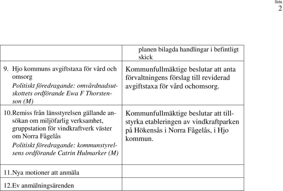 kommunstyrelsens ordförande Catrin Hulmarker (M) planen bilagda handlingar i befintligt skick Kommunfullmäktige beslutar att anta förvaltningens förslag till