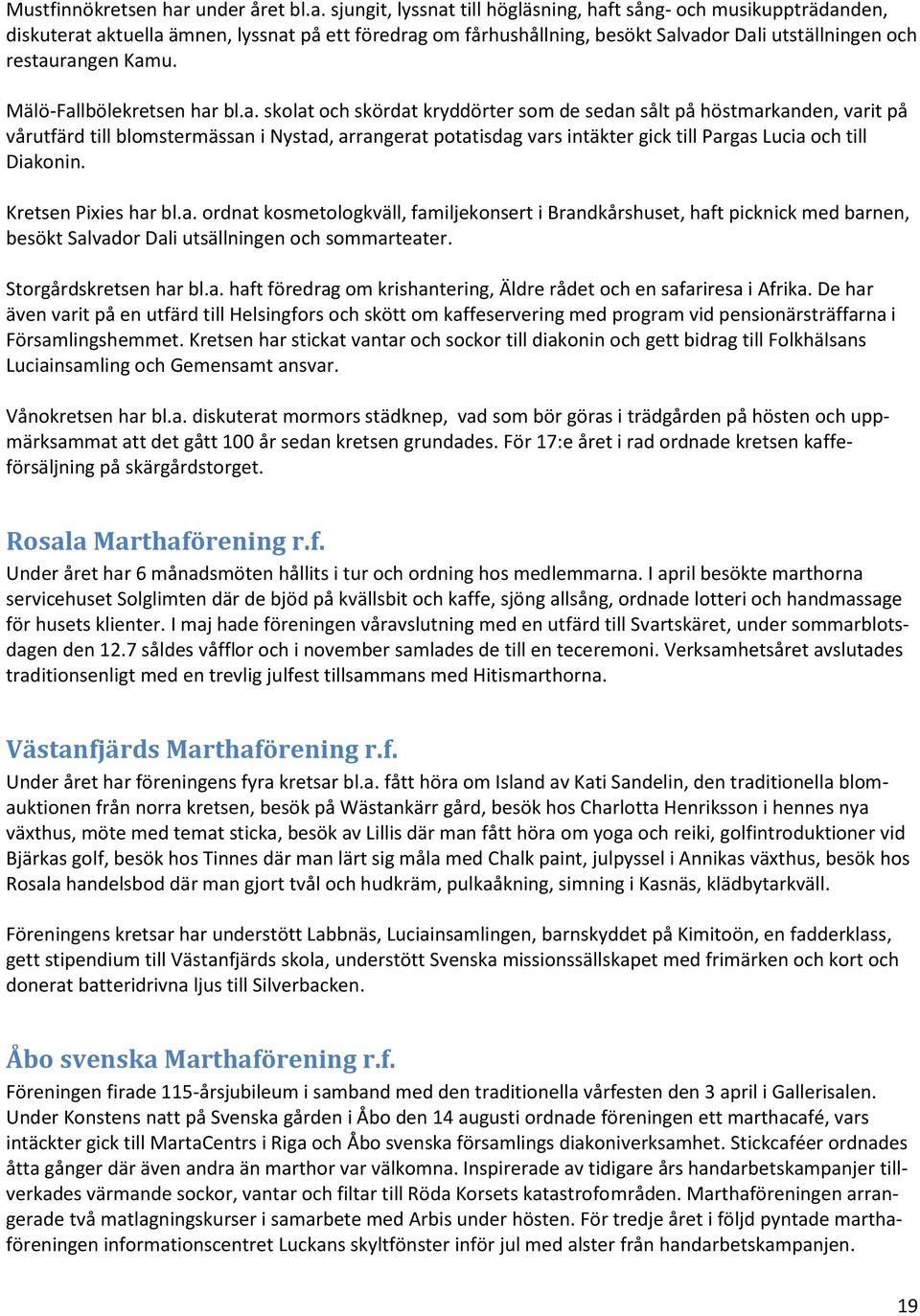 sjungit, lyssnat till högläsning, haft sång- och musikuppträdanden, diskuterat aktuella ämnen, lyssnat på ett föredrag om fårhushållning, besökt Salvador Dali utställningen och restaurangen Kamu.