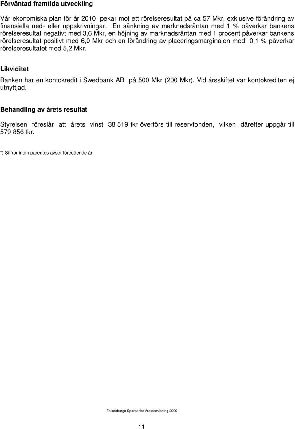 och en förändring av placeringsmarginalen med 0,1 % påverkar rörelseresultatet med 5,2 Mkr. Likviditet Banken har en kontokredit i Swedbank AB på 500 Mkr (200 Mkr).