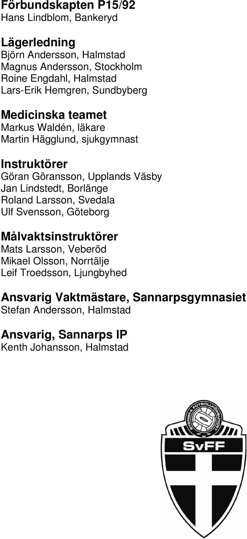 Väsby Jan Lindstedt, Borlänge Roland Larsson, Svedala Ulf Svensson, Göteborg Målvaktsinstruktörer Mats Larsson, Veberöd Mikael Olsson,