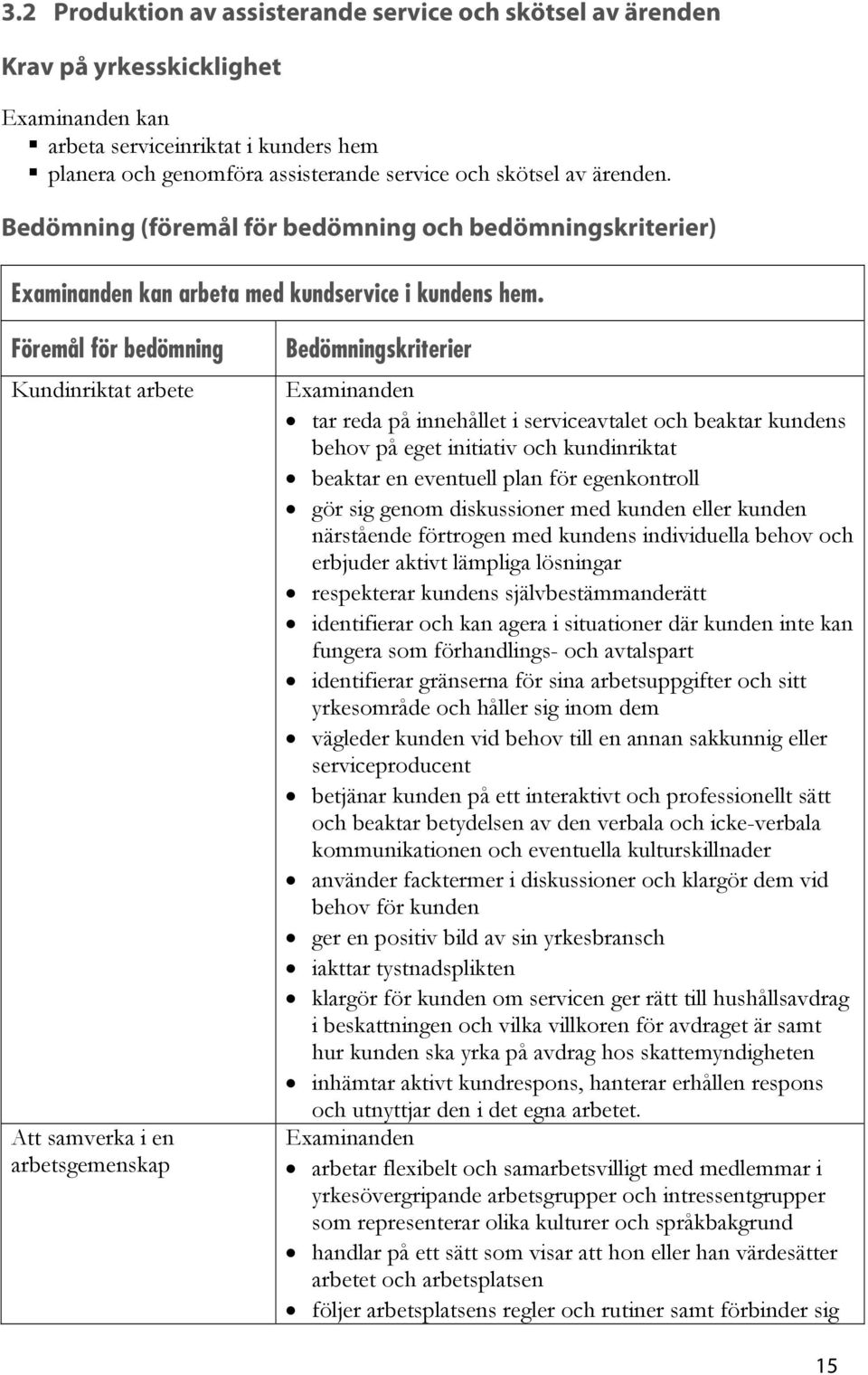 Föremål för bedömning Kundinriktat arbete Att samverka i en arbetsgemenskap Bedömningskriterier tar reda på innehållet i serviceavtalet och beaktar kundens behov på eget initiativ och kundinriktat