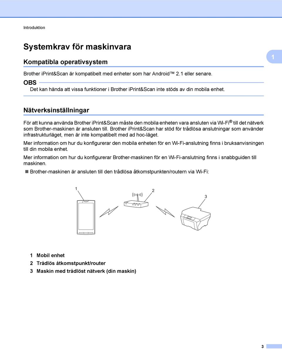 Nätverksinställningar För att kunna använda Brother iprint&scan måste den mobila enheten vara ansluten via Wi-Fi till det nätverk som Brother-maskinen är ansluten till.