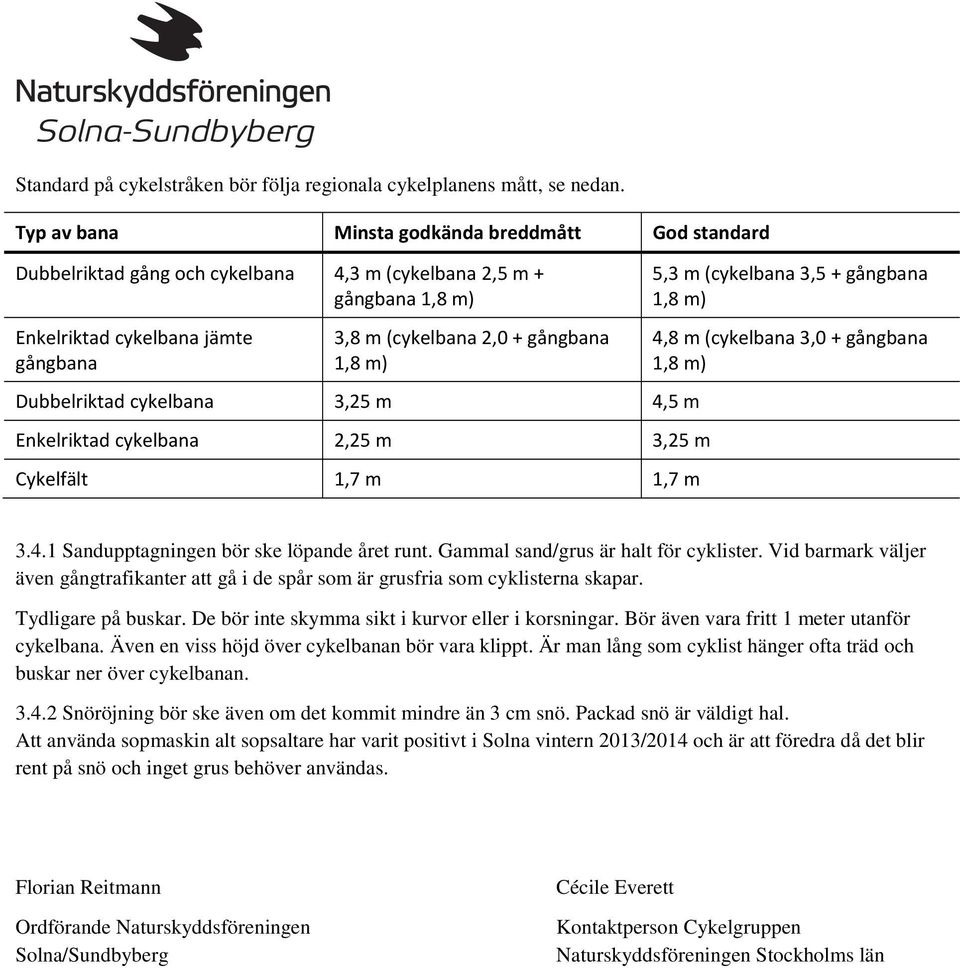 cykelbana 3,25 m 4,5 m Enkelriktad cykelbana 2,25 m 3,25 m Cykelfält 1,7 m 1,7 m 5,3 m (cykelbana 3,5 + gångbana 4,8 m (cykelbana 3,0 + gångbana 3.4.1 Sandupptagningen bör ske löpande året runt.