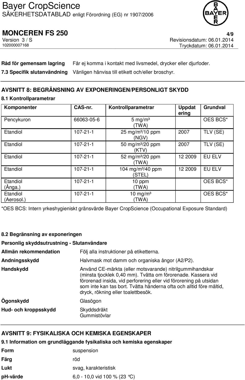Kontrollparametrar Uppdat Grundval ering Pencykuron 66063-05-6 5 mg/m³ OES BCS* (TWA) Etandiol 107-21-1 25 mg/m³/10 ppm 2007 TLV (SE) (NGV) Etandiol 107-21-1 50 mg/m³/20 ppm 2007 TLV (SE) (KTV)