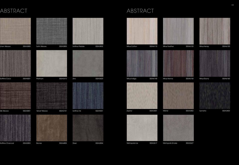 SS5A6150 Mirus Ebony SS5A6160 Silk Weave SS5A2801 Velvet Weave SS5A2101 Softline Ink SS5A9201 Zephyr SS5A3401 Mistral