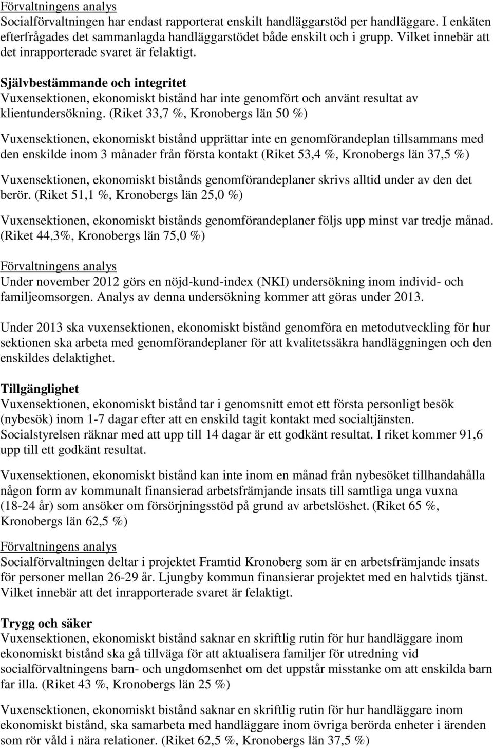 (Riket 33,7 %, Kronobergs län 50 %) Vuxensektionen, ekonomiskt bistånd upprättar inte en genomförandeplan tillsammans med den enskilde inom 3 månader från första kontakt (Riket 53,4 %, Kronobergs län