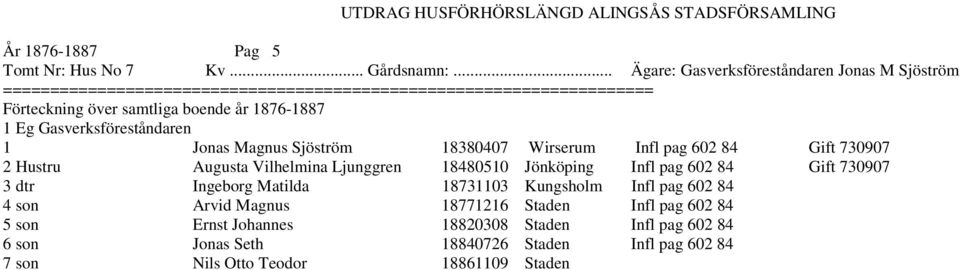 Gift 730907 2 Hustru Augusta Vilhelmina Ljunggren 18480510 Jönköping Infl pag 602 84 Gift 730907 3 dtr Ingeborg Matilda 18731103
