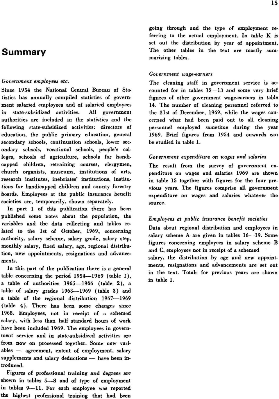 Since 1954 the National Central Bureau of Statistics has annually compiled statistics of government salaried employees and of salaried employees in state-subsidized activities.