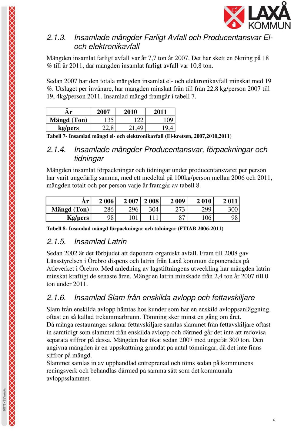 Utslaget per invånare, har mängden minskat från till från 22,8 kg/person 2007 till 19, 4kg/person 2011. Insamlad mängd framgår i tabell 7.