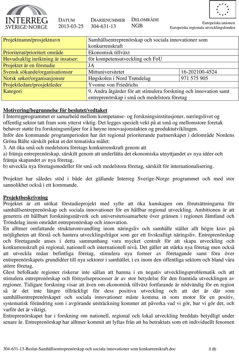 Mittuniversitetet 16-202100-4524 Norsk søker/organisasjonsnr Høgskolen i Nord Trøndelag 971 575 905 Projektledare/prosjektleder Yvonne von Friedrichs Kategori 9.