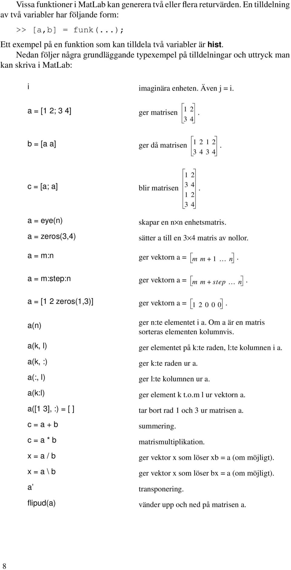 Även j = i. a = [1 2; 3 4] ger matrisen 12. 34 b = [a a] ger då matrisen 1212. 3434 12 c = [a; a] blir matrisen 34 12. 34 a = eye(n) a = zeros(3,4) skapar en n n enhetsmatris.