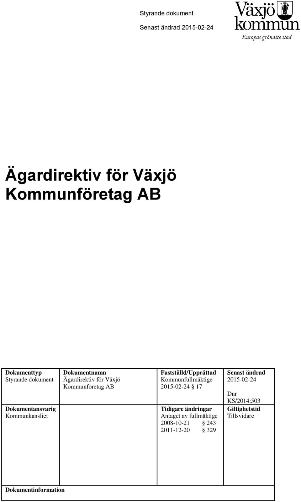 Fastställd/Upprättad Kommunfullmäktige 2015-02-24 17 Tidigare ändringar Antaget av fullmäktige