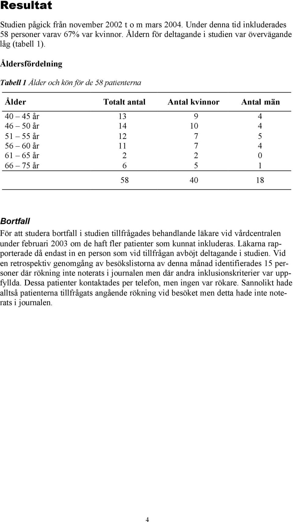 58 40 18 Bortfall För att studera bortfall i studien tillfrågades behandlande läkare vid vårdcentralen under februari 2003 om de haft fler patienter som kunnat inkluderas.