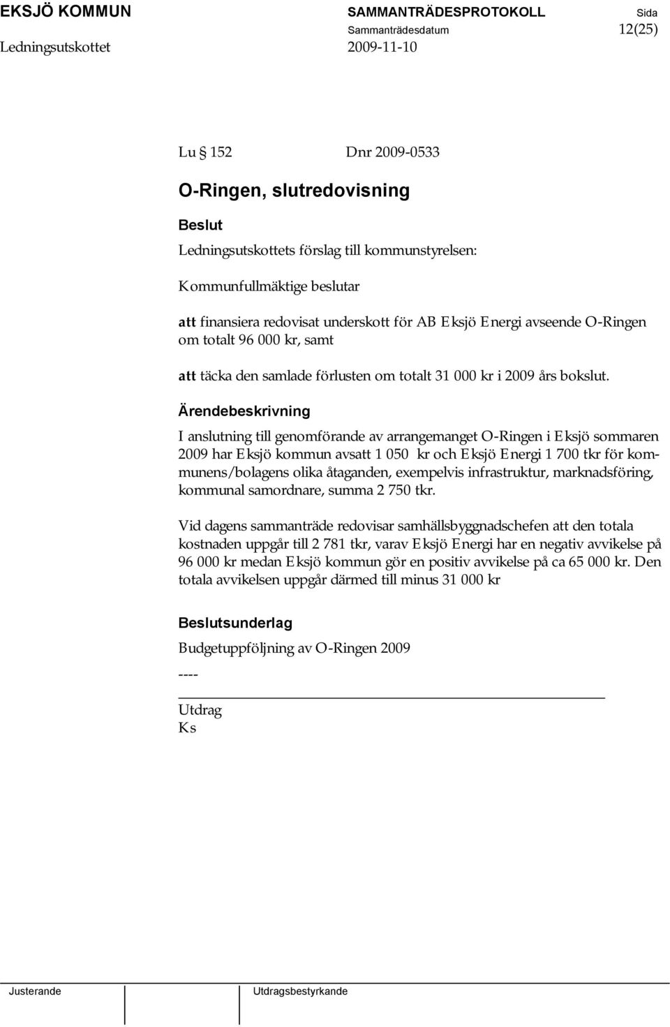 I anslutning till genomförande av arrangemanget O-Ringen i Eksjö sommaren 2009 har Eksjö kommun avsatt 1 050 kr och Eksjö Energi 1 700 tkr för kommunens/bolagens olika åtaganden, exempelvis