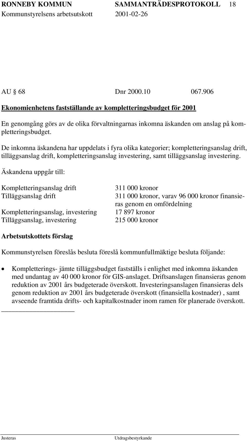 De inkomna äskandena har uppdelats i fyra olika kategorier; kompletteringsanslag drift, tilläggsanslag drift, kompletteringsanslag investering, samt tilläggsanslag investering.